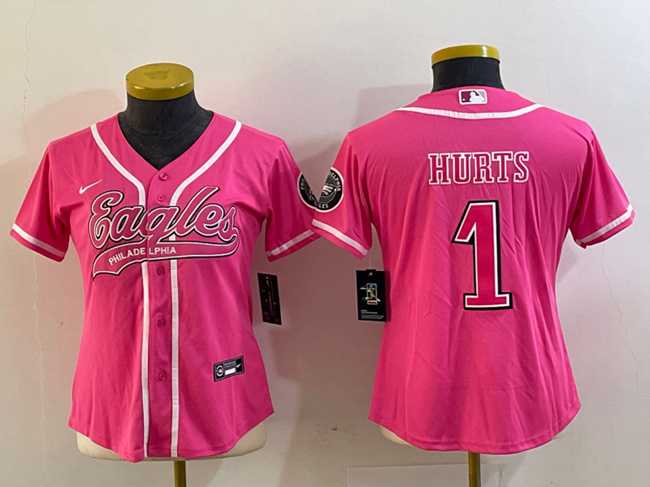 Womens Philadelphia Eagles #1 Jalen Hurts Pink Cool Base Stitched Baseball Jersey(Run Small)